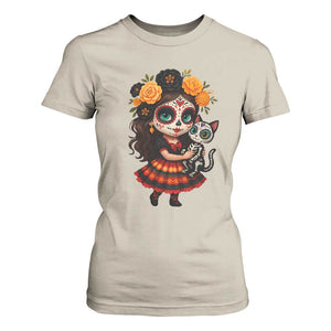 Day Of The Dead Latina T Shirt For Women Cute Girl With Skeleton Kitten Floral Skull TS12 Sand Print Your Wear