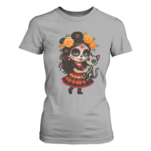 Day Of The Dead Latina T Shirt For Women Cute Girl With Skeleton Kitten Floral Skull TS12 Sport Gray Print Your Wear