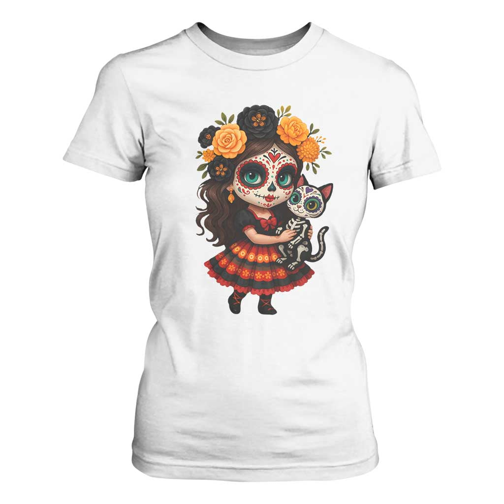 Day Of The Dead Latina T Shirt For Women Cute Girl With Skeleton Kitten Floral Skull TS12 White Print Your Wear