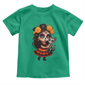 Day Of The Dead Latina Toddler T Shirt Cute Girl With Skeleton Kitten Floral Skull TS12 Irish Green Print Your Wear