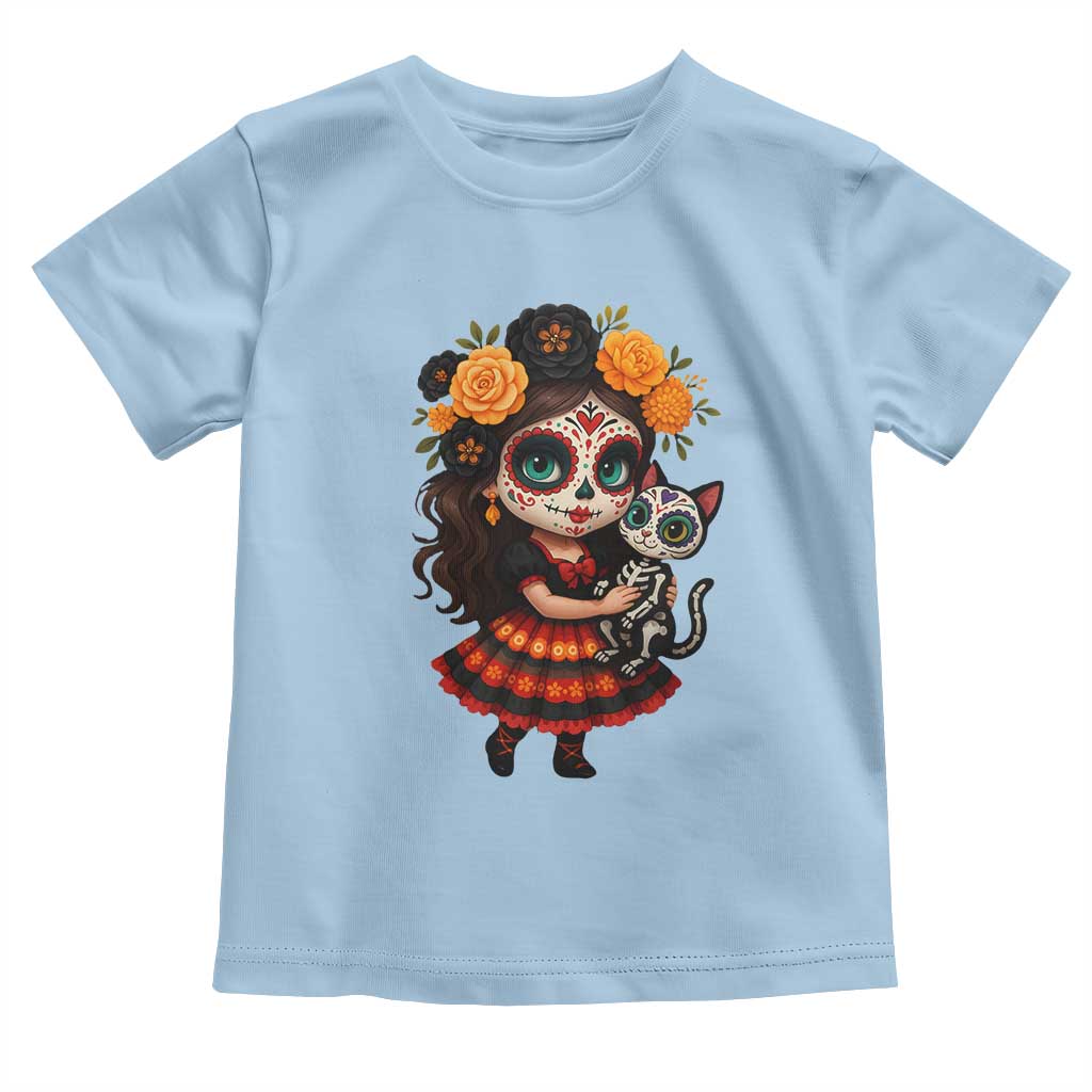 Day Of The Dead Latina Toddler T Shirt Cute Girl With Skeleton Kitten Floral Skull TS12 Light Blue Print Your Wear