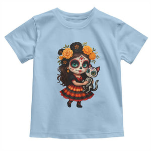 Day Of The Dead Latina Toddler T Shirt Cute Girl With Skeleton Kitten Floral Skull TS12 Light Blue Print Your Wear