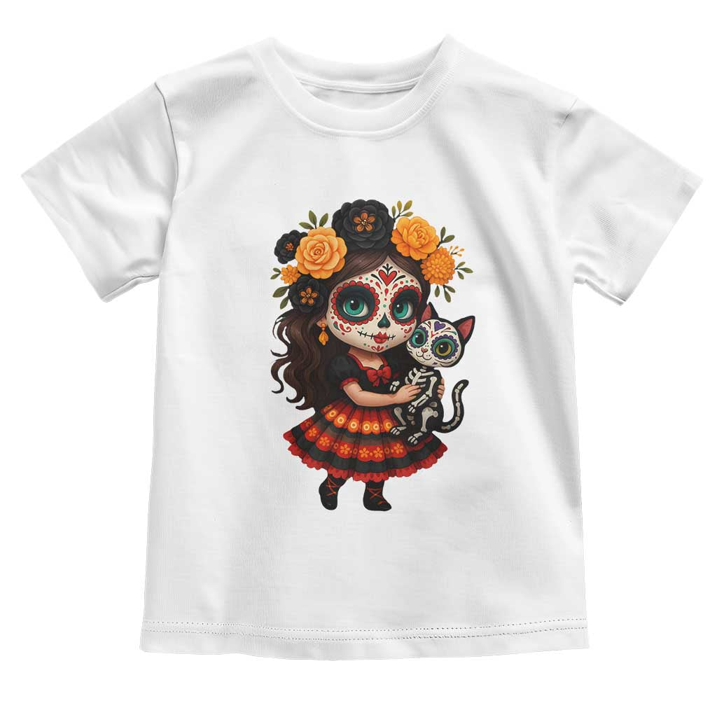 Day Of The Dead Latina Toddler T Shirt Cute Girl With Skeleton Kitten Floral Skull TS12 White Print Your Wear