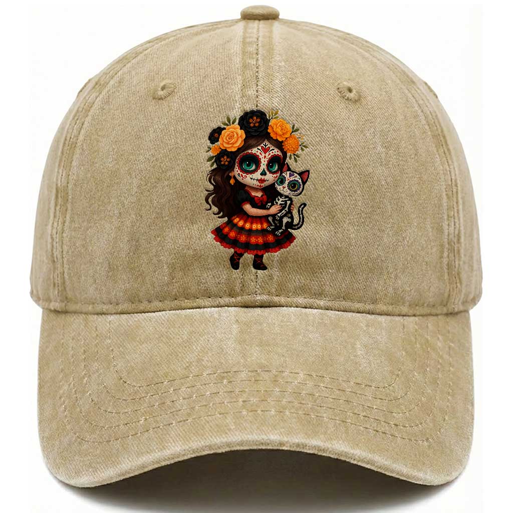 Day Of The Dead Latina Washed Cotton Baseball Cap Cute Girl With Skeleton Kitten Floral Skull TS12 Print Your Wear