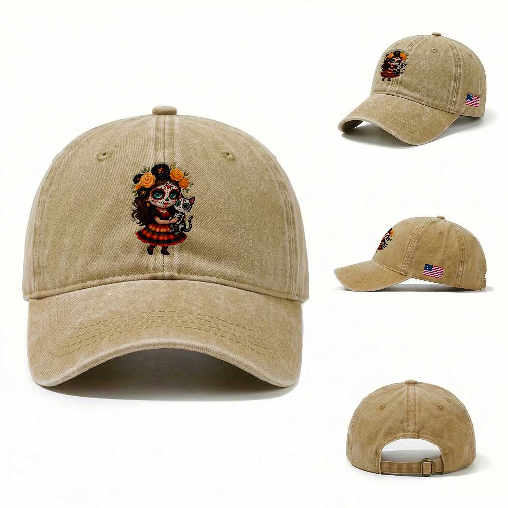 Day Of The Dead Latina Washed Cotton Baseball Cap Cute Girl With Skeleton Kitten Floral Skull TS12 Washed Cap Universal Fit Khaki Print Your Wear