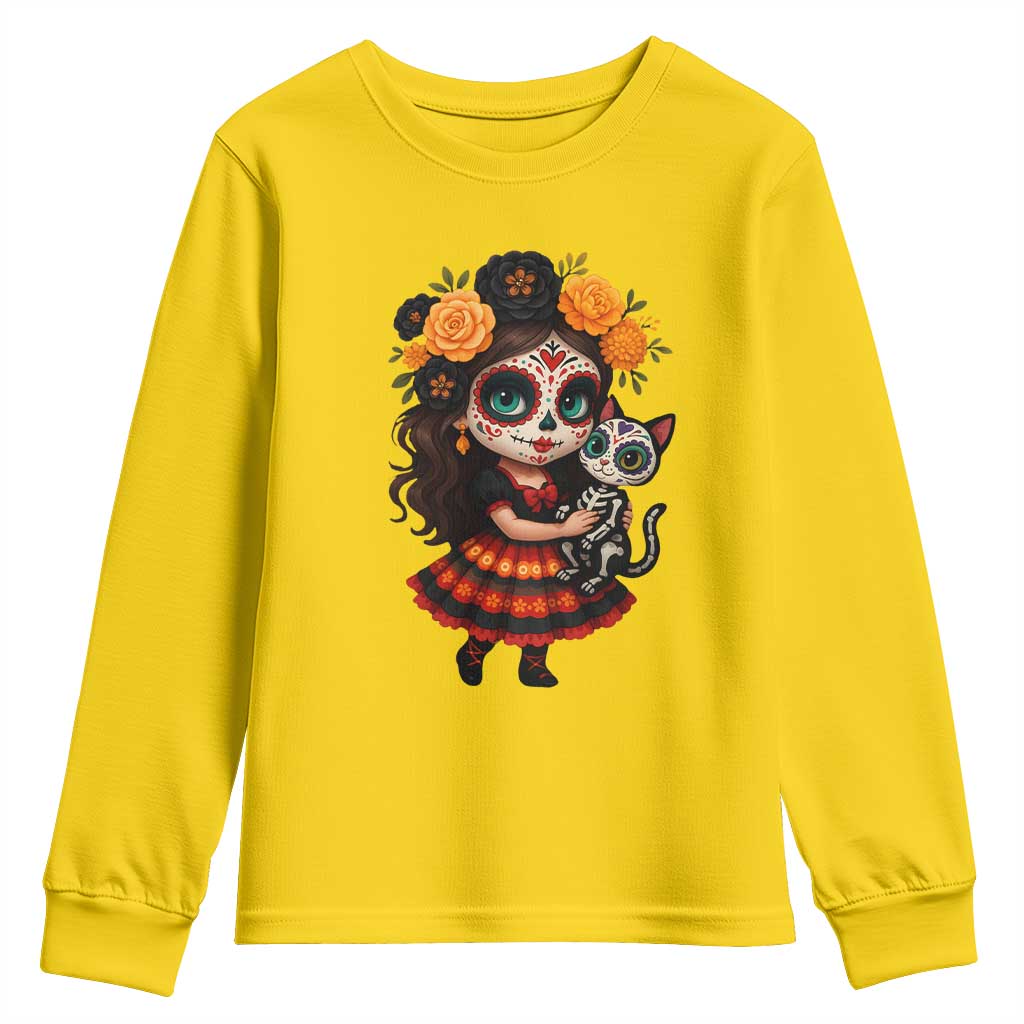 Day Of The Dead Latina Youth Sweatshirt Cute Girl With Skeleton Kitten Floral Skull TS12 Daisy Print Your Wear