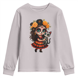 Day Of The Dead Latina Youth Sweatshirt Cute Girl With Skeleton Kitten Floral Skull TS12 Ice Gray Print Your Wear