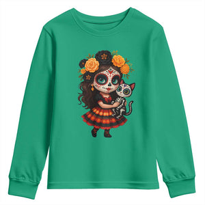 Day Of The Dead Latina Youth Sweatshirt Cute Girl With Skeleton Kitten Floral Skull TS12 Irish Green Print Your Wear