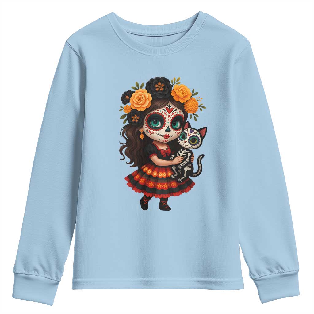 Day Of The Dead Latina Youth Sweatshirt Cute Girl With Skeleton Kitten Floral Skull TS12 Light Blue Print Your Wear