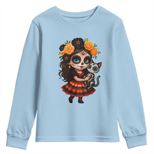 Day Of The Dead Latina Youth Sweatshirt Cute Girl With Skeleton Kitten Floral Skull TS12 Light Blue Print Your Wear