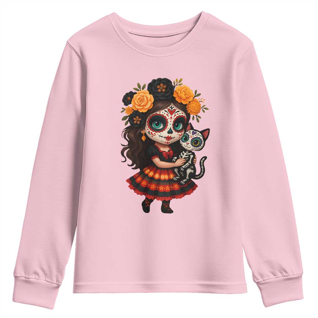 Day Of The Dead Latina Youth Sweatshirt Cute Girl With Skeleton Kitten Floral Skull TS12 Light Pink Print Your Wear