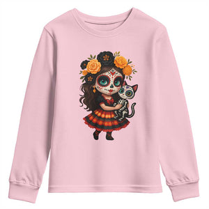 Day Of The Dead Latina Youth Sweatshirt Cute Girl With Skeleton Kitten Floral Skull TS12 Light Pink Print Your Wear