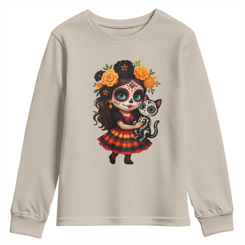 Day Of The Dead Latina Youth Sweatshirt Cute Girl With Skeleton Kitten Floral Skull TS12 Sand Print Your Wear