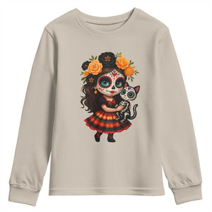 Day Of The Dead Latina Youth Sweatshirt Cute Girl With Skeleton Kitten Floral Skull TS12 Sand Print Your Wear