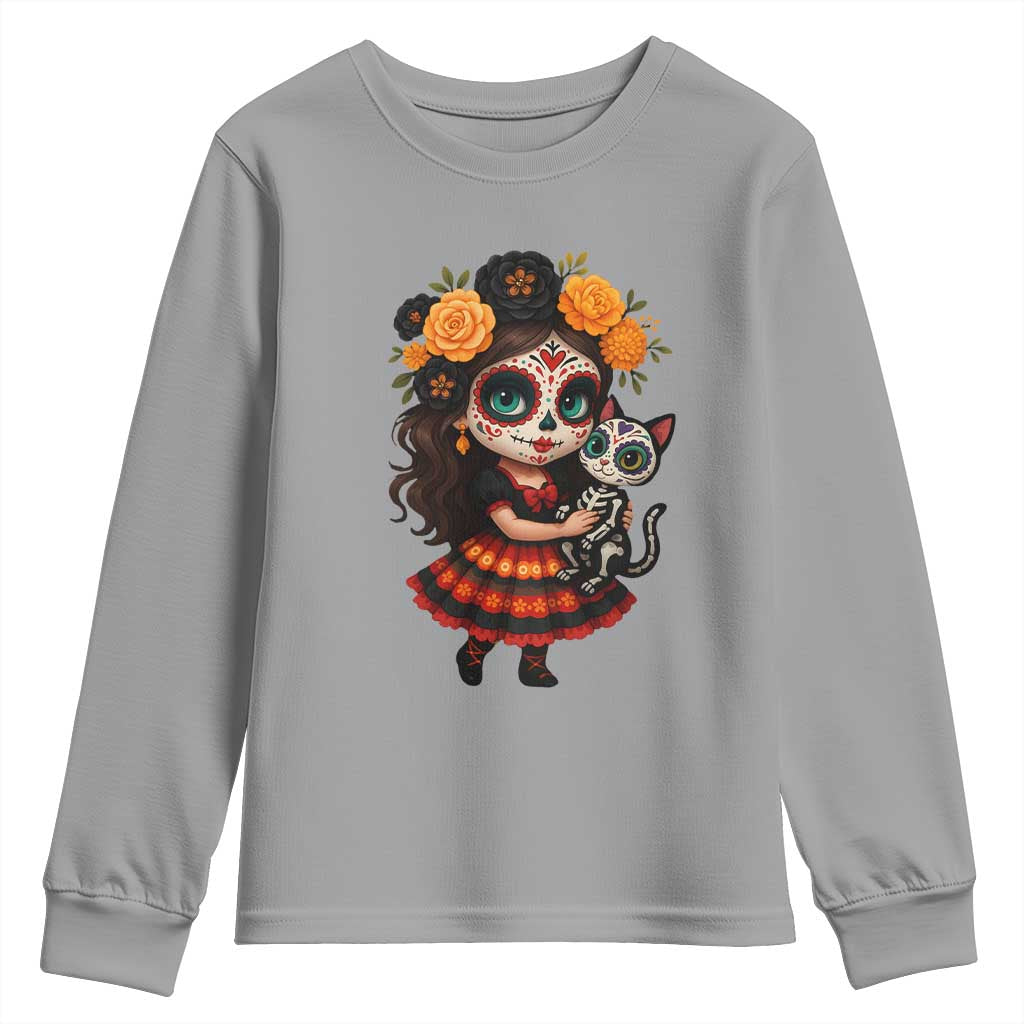 Day Of The Dead Latina Youth Sweatshirt Cute Girl With Skeleton Kitten Floral Skull TS12 Sport Gray Print Your Wear