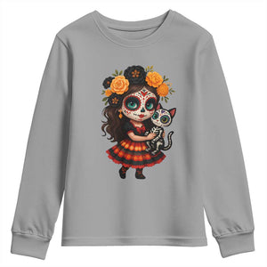 Day Of The Dead Latina Youth Sweatshirt Cute Girl With Skeleton Kitten Floral Skull TS12 Sport Gray Print Your Wear