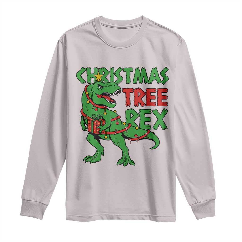Christmas Dinosaur Long Sleeve Shirt Funny Tree Rex Xmas Light TS12 Ice Gray Print Your Wear