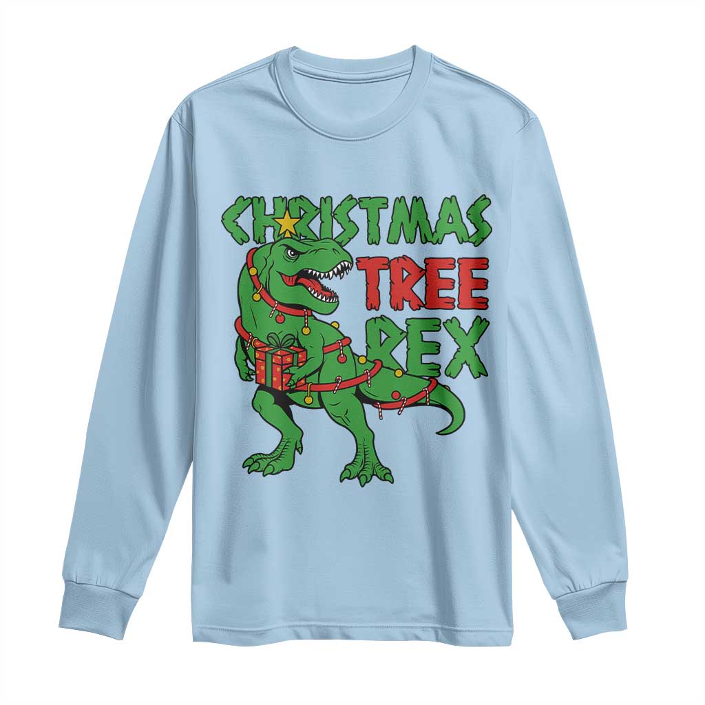 Christmas Dinosaur Long Sleeve Shirt Funny Tree Rex Xmas Light TS12 Light Blue Print Your Wear