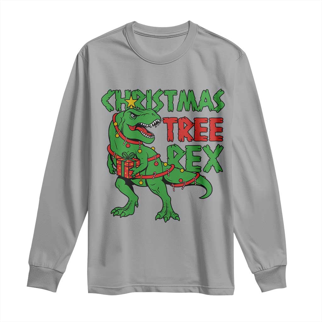 Christmas Dinosaur Long Sleeve Shirt Funny Tree Rex Xmas Light TS12 Sport Gray Print Your Wear