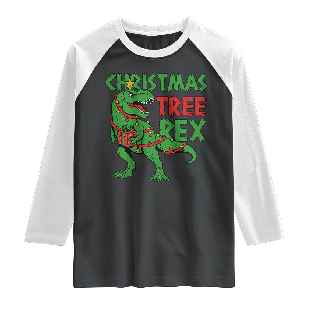 Christmas Dinosaur Raglan Shirt Funny Tree Rex Xmas Light TS12 Black White Print Your Wear
