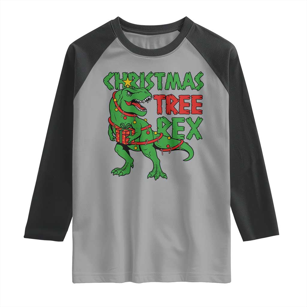 Christmas Dinosaur Raglan Shirt Funny Tree Rex Xmas Light TS12 Sport Gray Black Print Your Wear