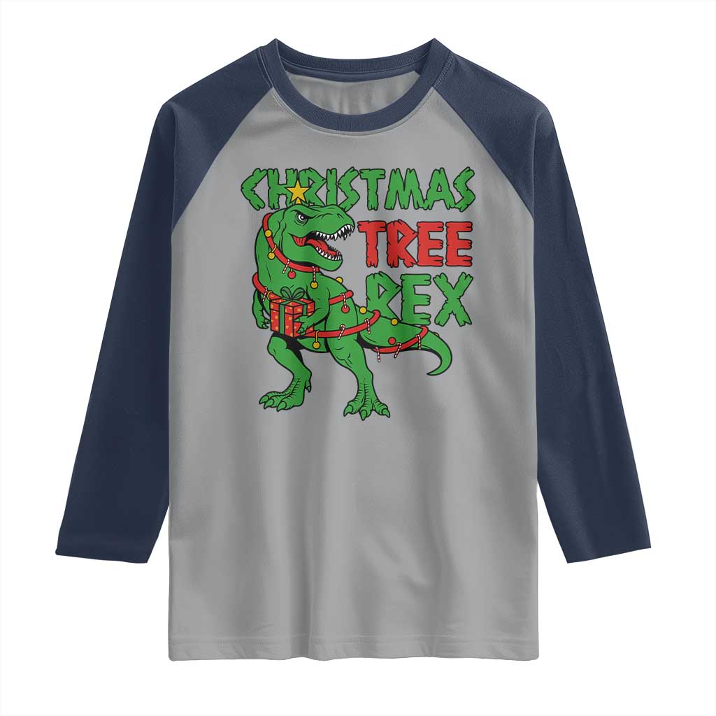 Christmas Dinosaur Raglan Shirt Funny Tree Rex Xmas Light TS12 Sport Gray Navy Print Your Wear