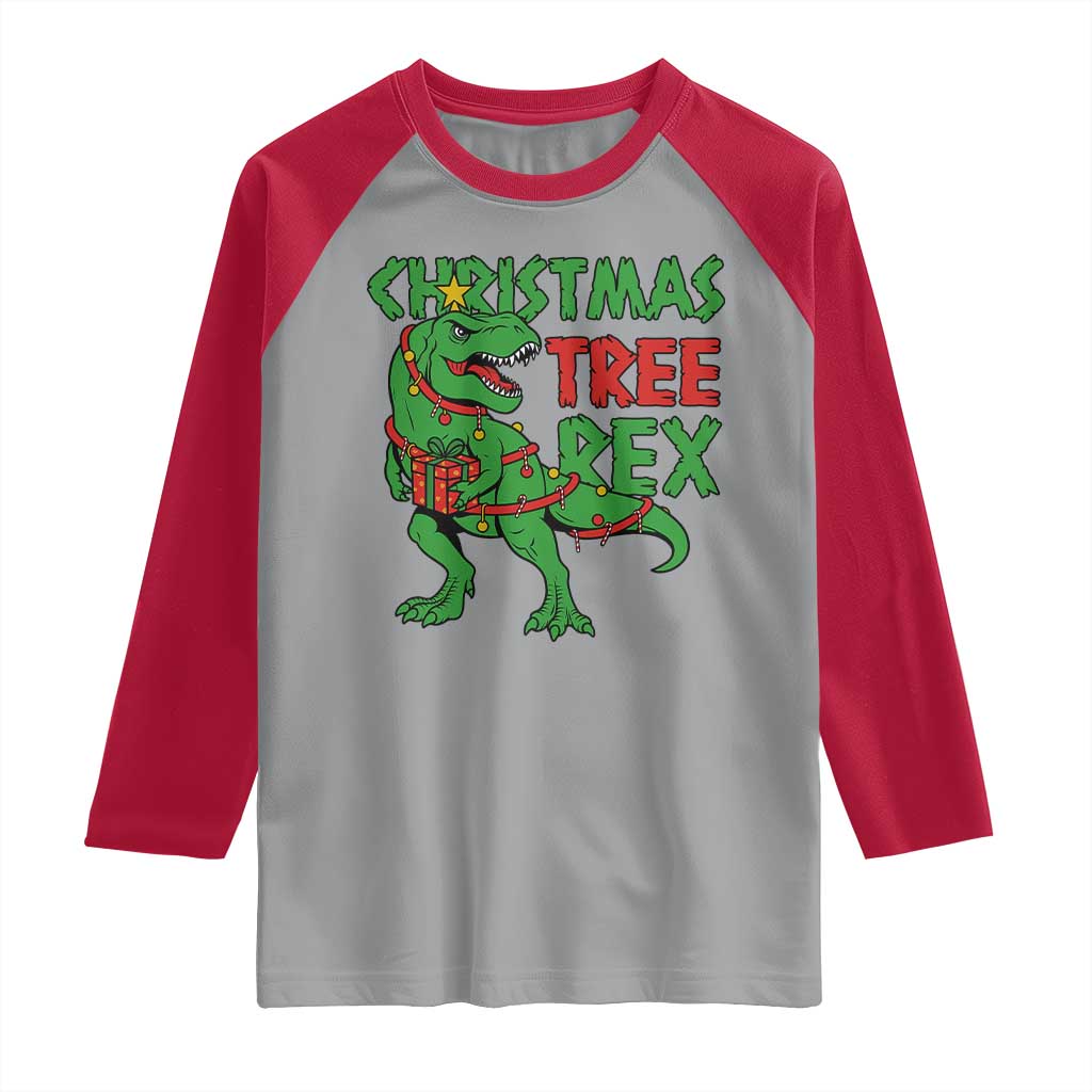 Christmas Dinosaur Raglan Shirt Funny Tree Rex Xmas Light TS12 Sport Gray Red Print Your Wear
