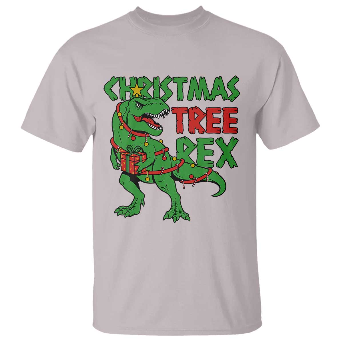 Christmas Dinosaur T Shirt Funny Tree Rex Xmas Light TS12 Ice Gray Print Your Wear