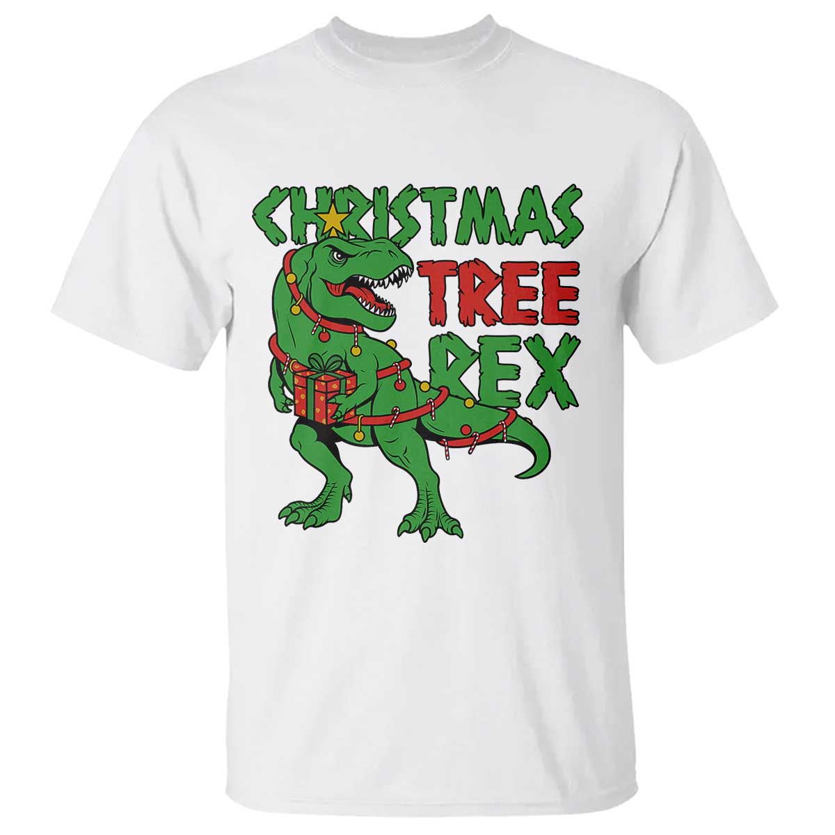 Christmas Dinosaur T Shirt Funny Tree Rex Xmas Light TS12 White Print Your Wear