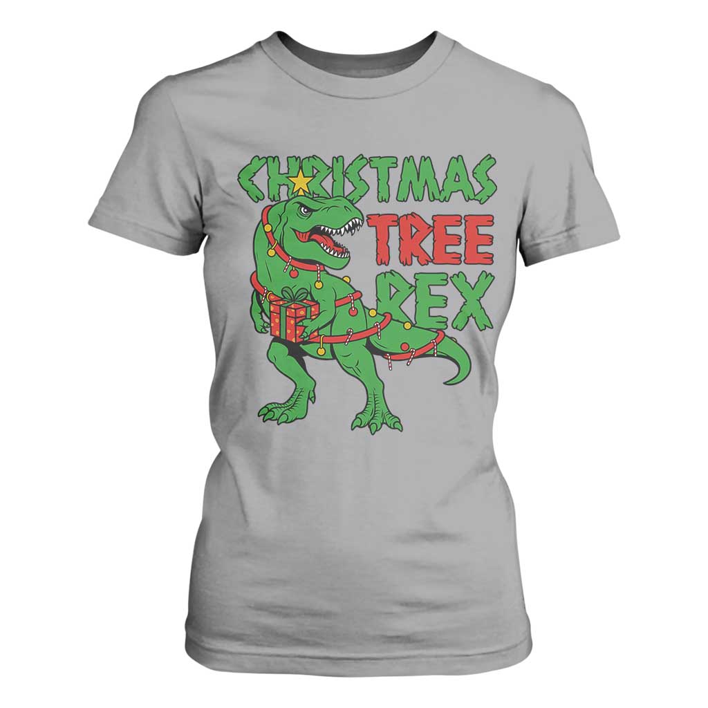 Christmas Dinosaur T Shirt For Women Funny Tree Rex Xmas Light TS12 Sport Gray Print Your Wear