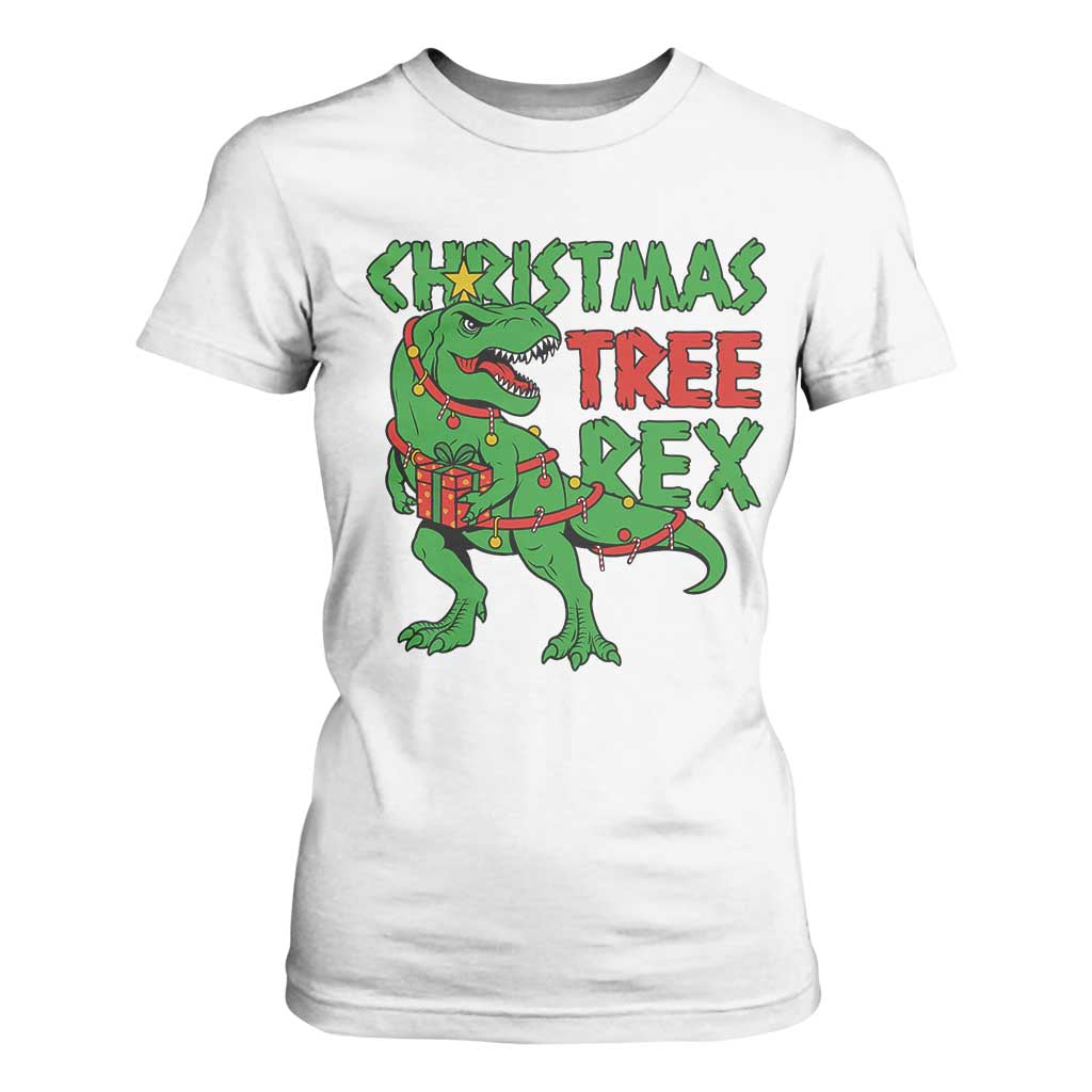 Christmas Dinosaur T Shirt For Women Funny Tree Rex Xmas Light TS12 White Print Your Wear
