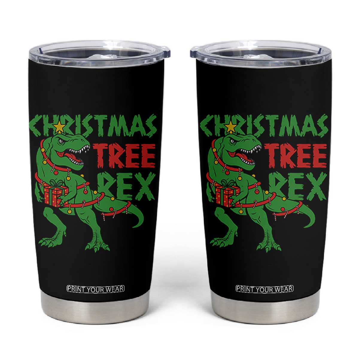 Christmas Dinosaur Tumbler Cup Funny Tree Rex Xmas Light TS12 Black Print Your Wear