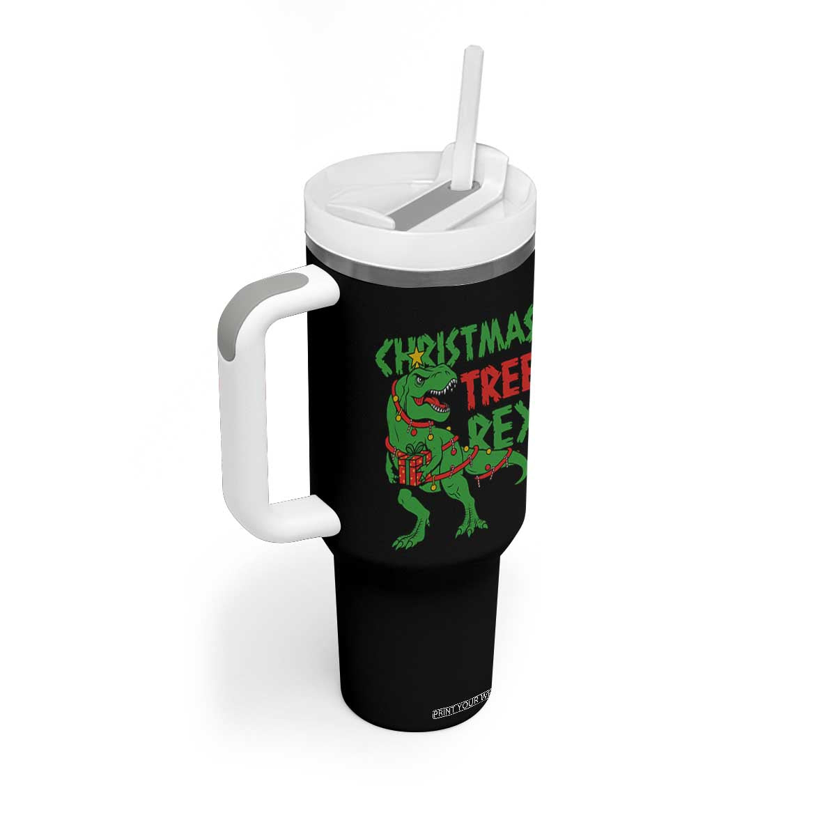Christmas Dinosaur Tumbler With Handle Funny Tree Rex Xmas Light TS12 Print Your Wear