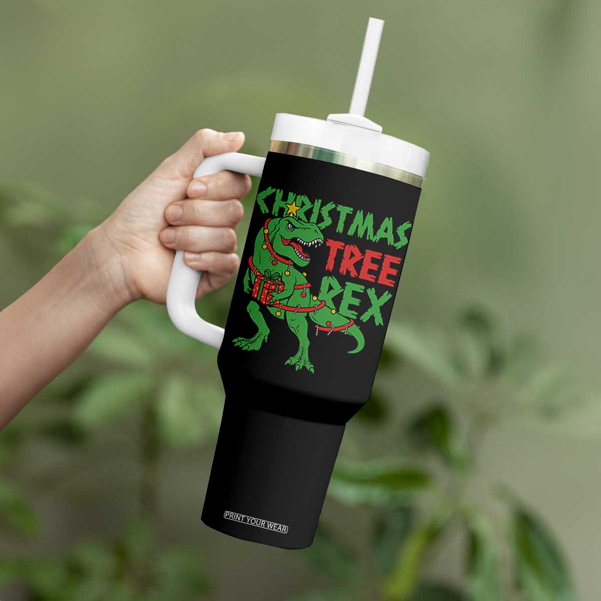 Christmas Dinosaur Tumbler With Handle Funny Tree Rex Xmas Light TS12 Print Your Wear