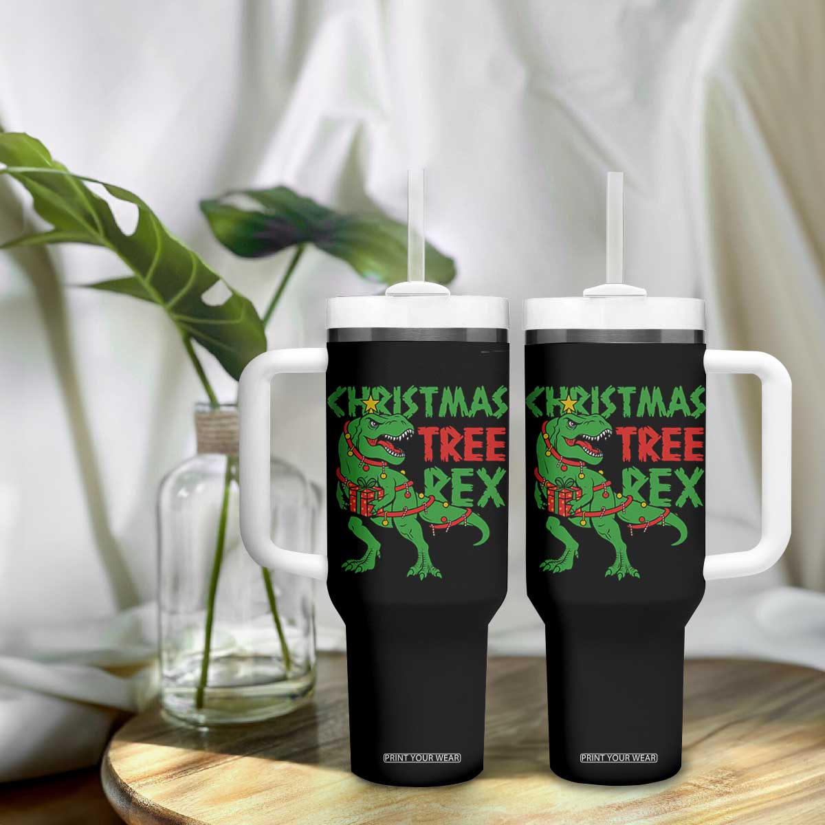 Christmas Dinosaur Tumbler With Handle Funny Tree Rex Xmas Light TS12 Print Your Wear