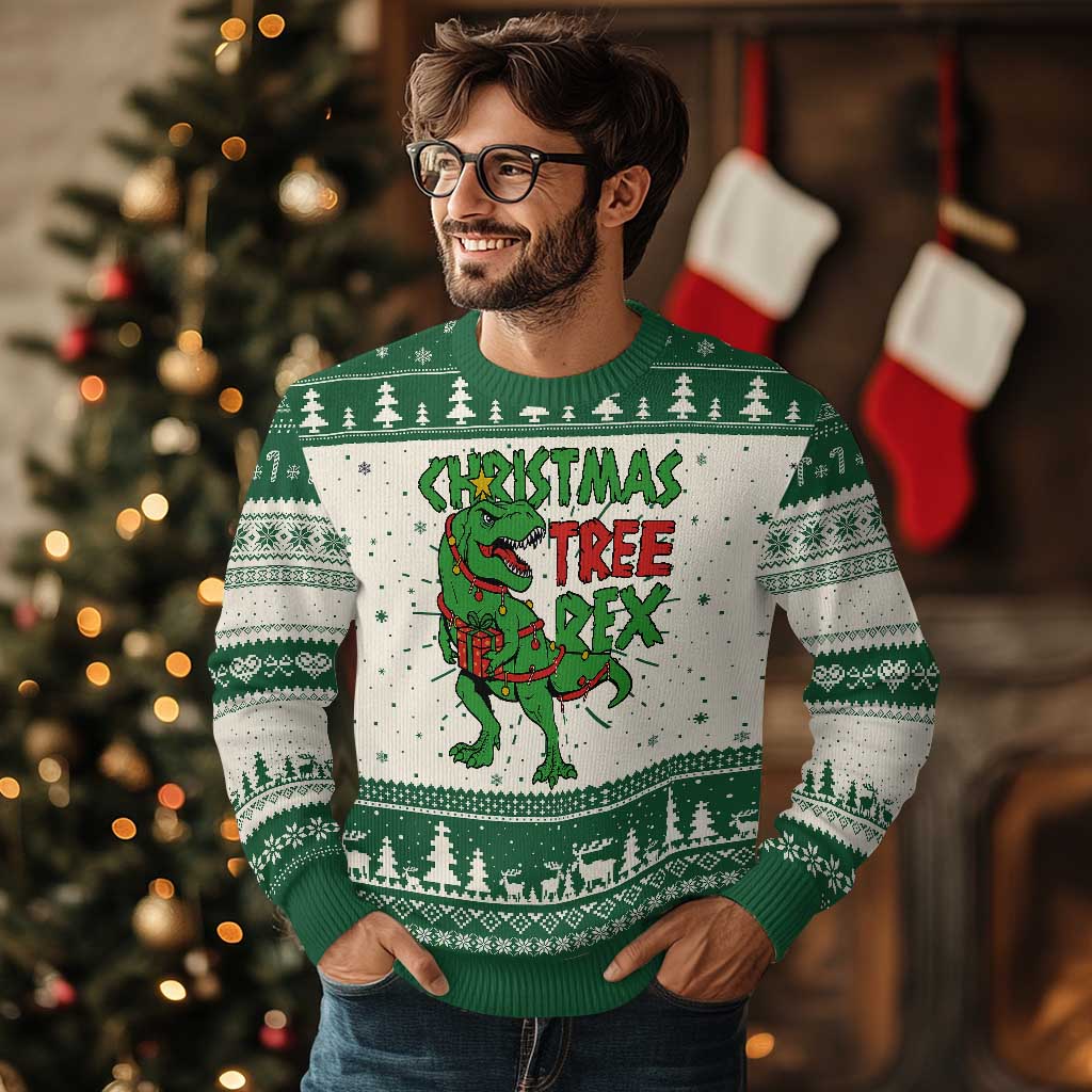 Xmas Dinosaur Ugly Christmas Sweater Funny Tree Rex Xmas Light TS12 Green Print Your Wear