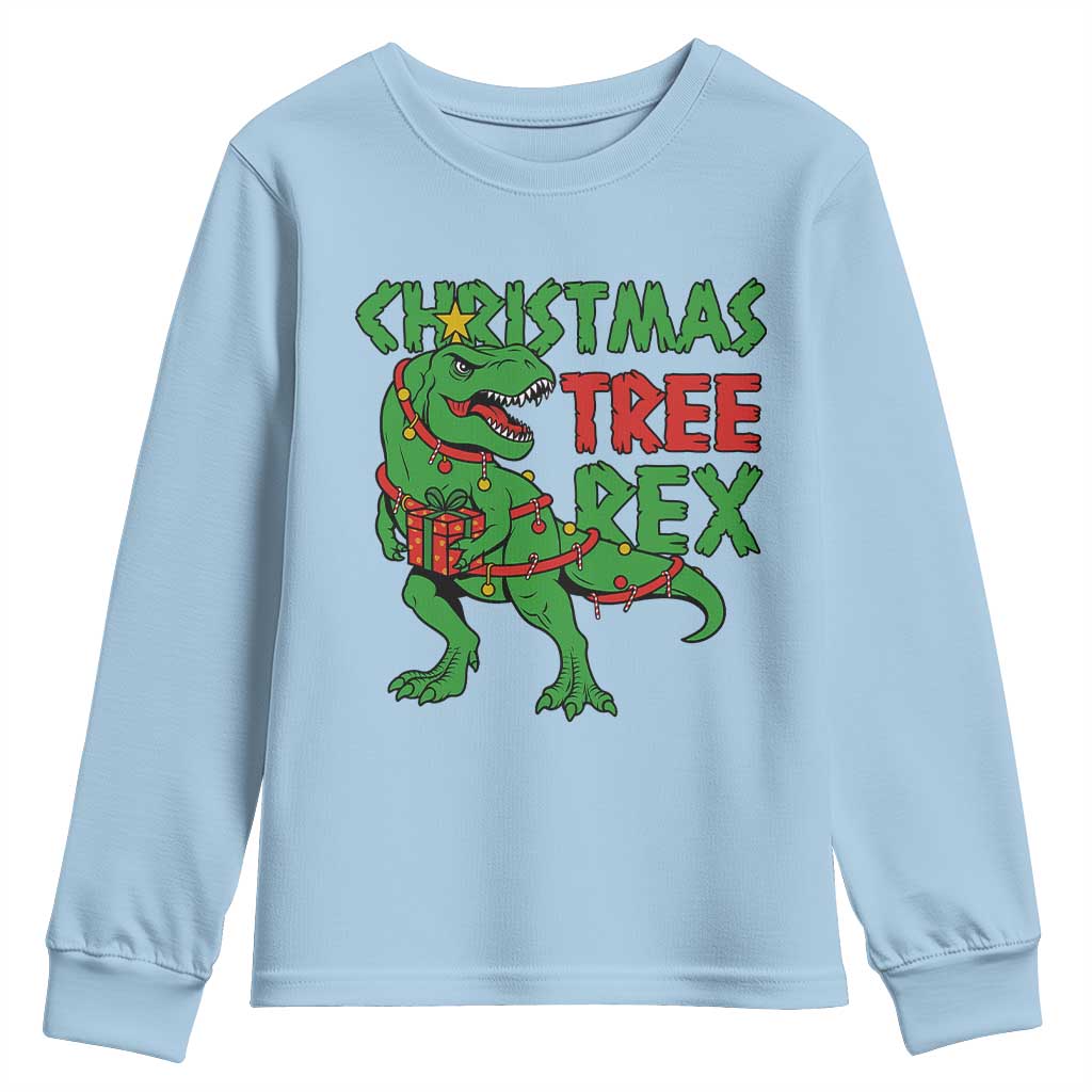 Christmas Dinosaur Youth Sweatshirt Funny Tree Rex Xmas Light TS12 Light Blue Print Your Wear