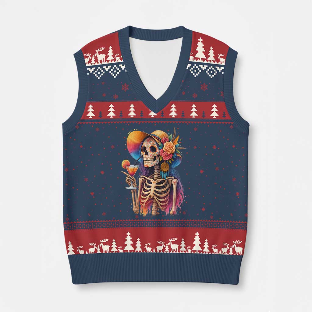 Funny Summer Sugar Skull Cocktail Lover V-Neck Knit Sweater Vest TS12 Navy Red Print Your Wear
