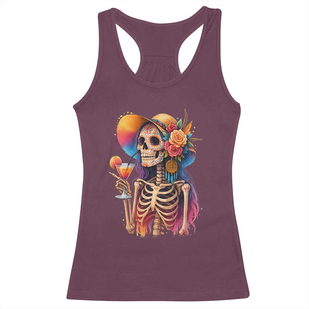 Funny Summer Sugar Skull Cocktail Lover Racerback Tank Top TS12 Maroon Print Your Wear