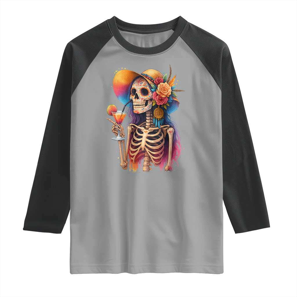 Funny Summer Sugar Skull Cocktail Lover Raglan Shirt TS12 Sport Gray Black Print Your Wear