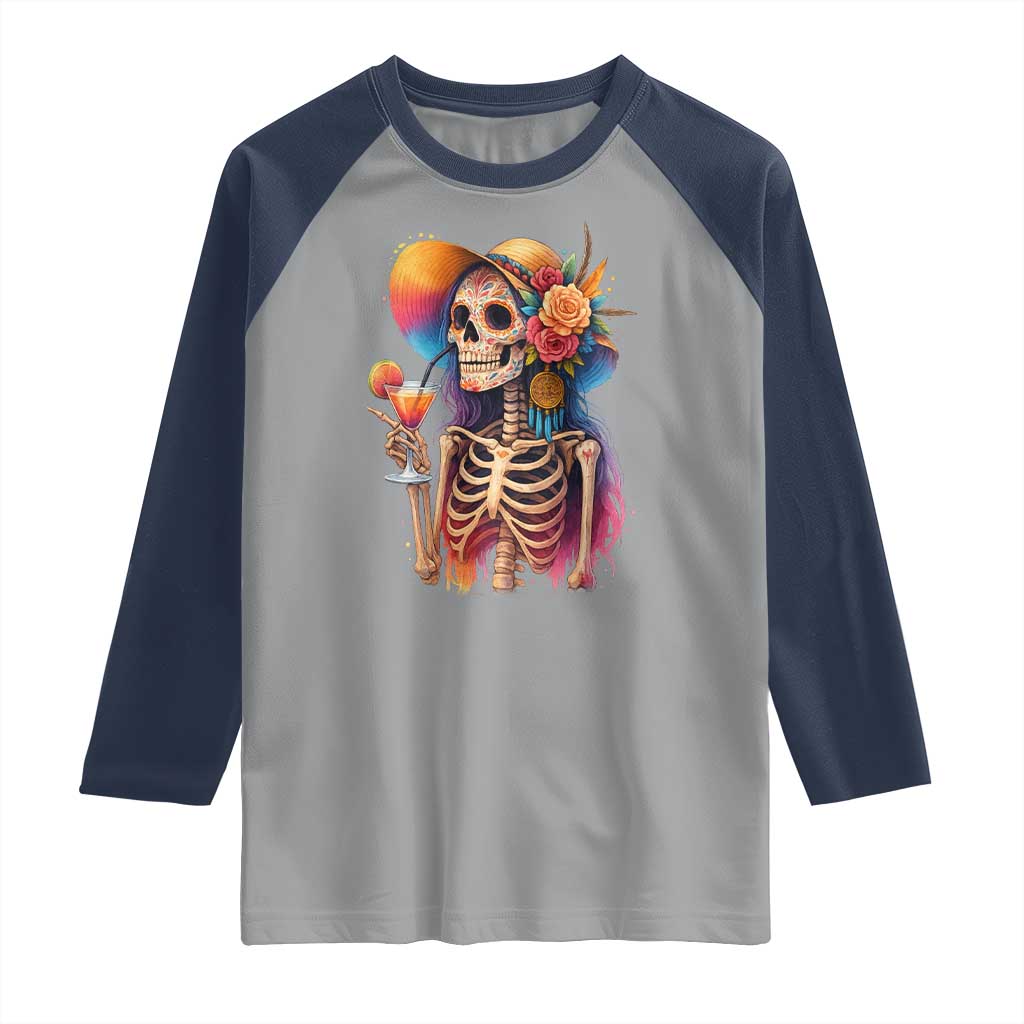 Funny Summer Sugar Skull Cocktail Lover Raglan Shirt TS12 Sport Gray Navy Print Your Wear