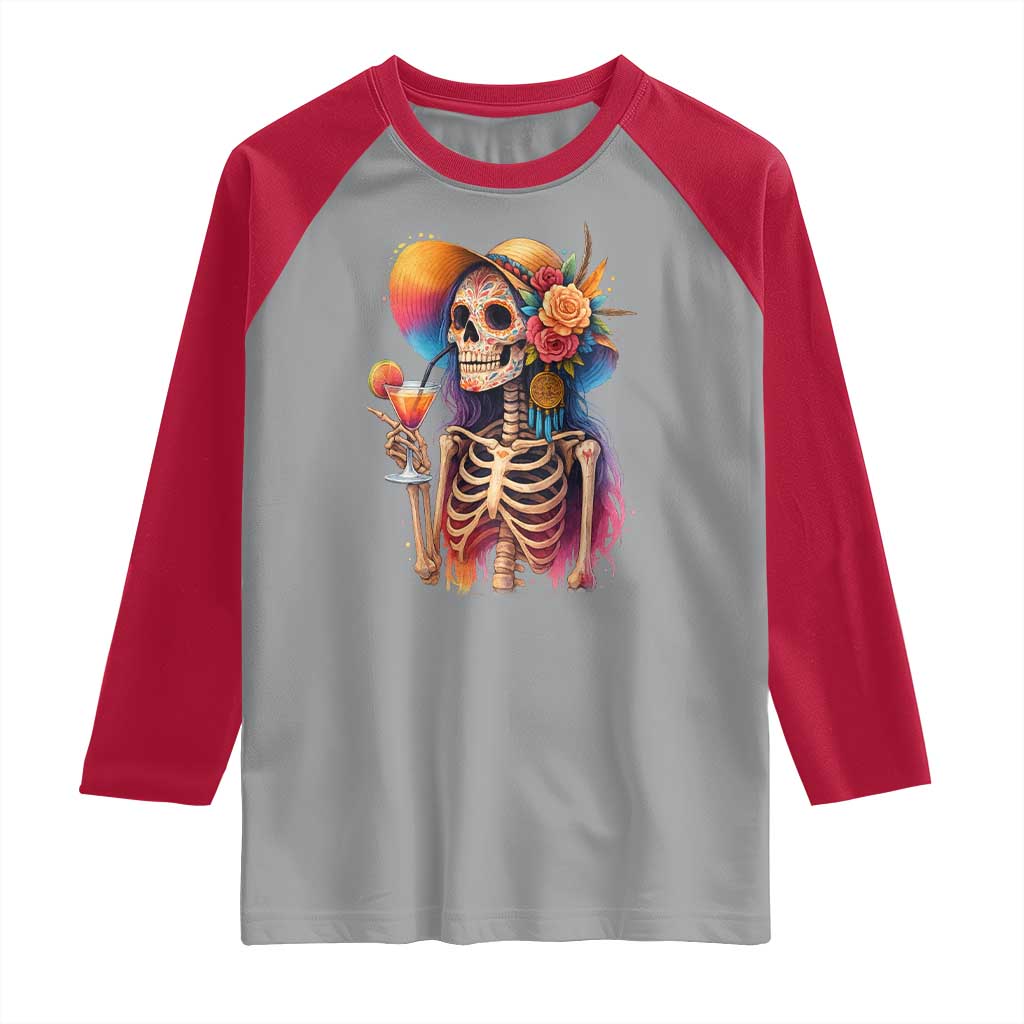 Funny Summer Sugar Skull Cocktail Lover Raglan Shirt TS12 Sport Gray Red Print Your Wear