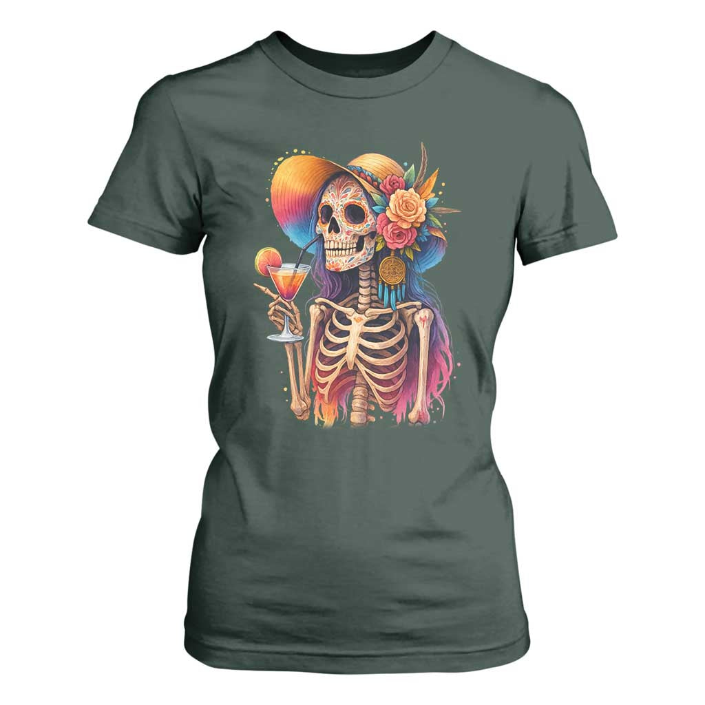 Funny Summer Sugar Skull Cocktail Lover T Shirt For Women TS12 Dark Forest Green Print Your Wear
