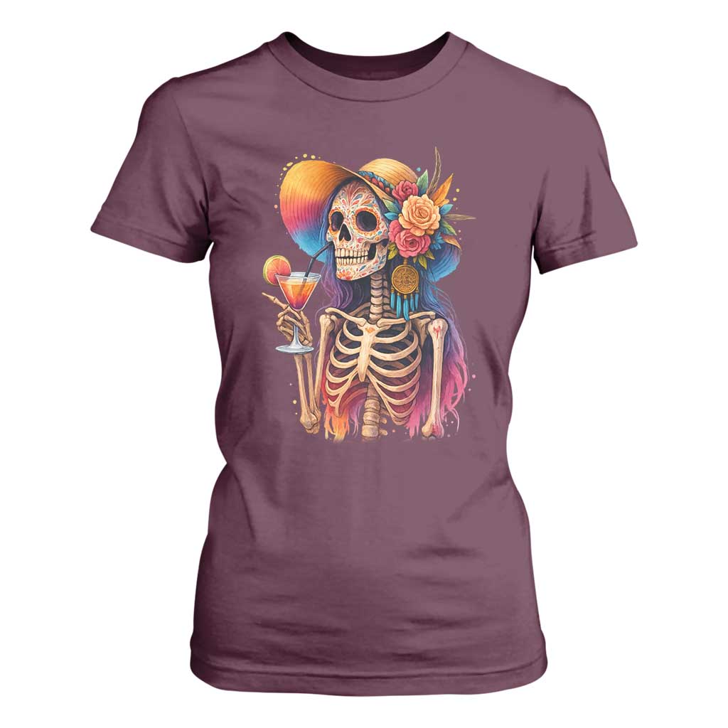 Funny Summer Sugar Skull Cocktail Lover T Shirt For Women TS12 Maroon Print Your Wear