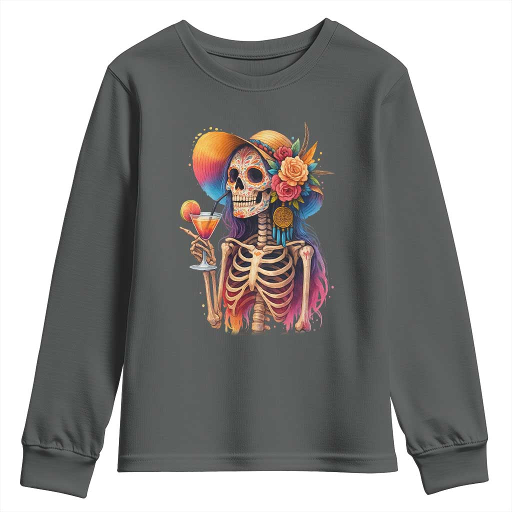 Funny Summer Sugar Skull Cocktail Lover Youth Sweatshirt TS12 Dark Heather Print Your Wear