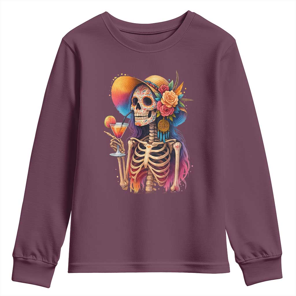 Funny Summer Sugar Skull Cocktail Lover Youth Sweatshirt TS12 Maroon Print Your Wear