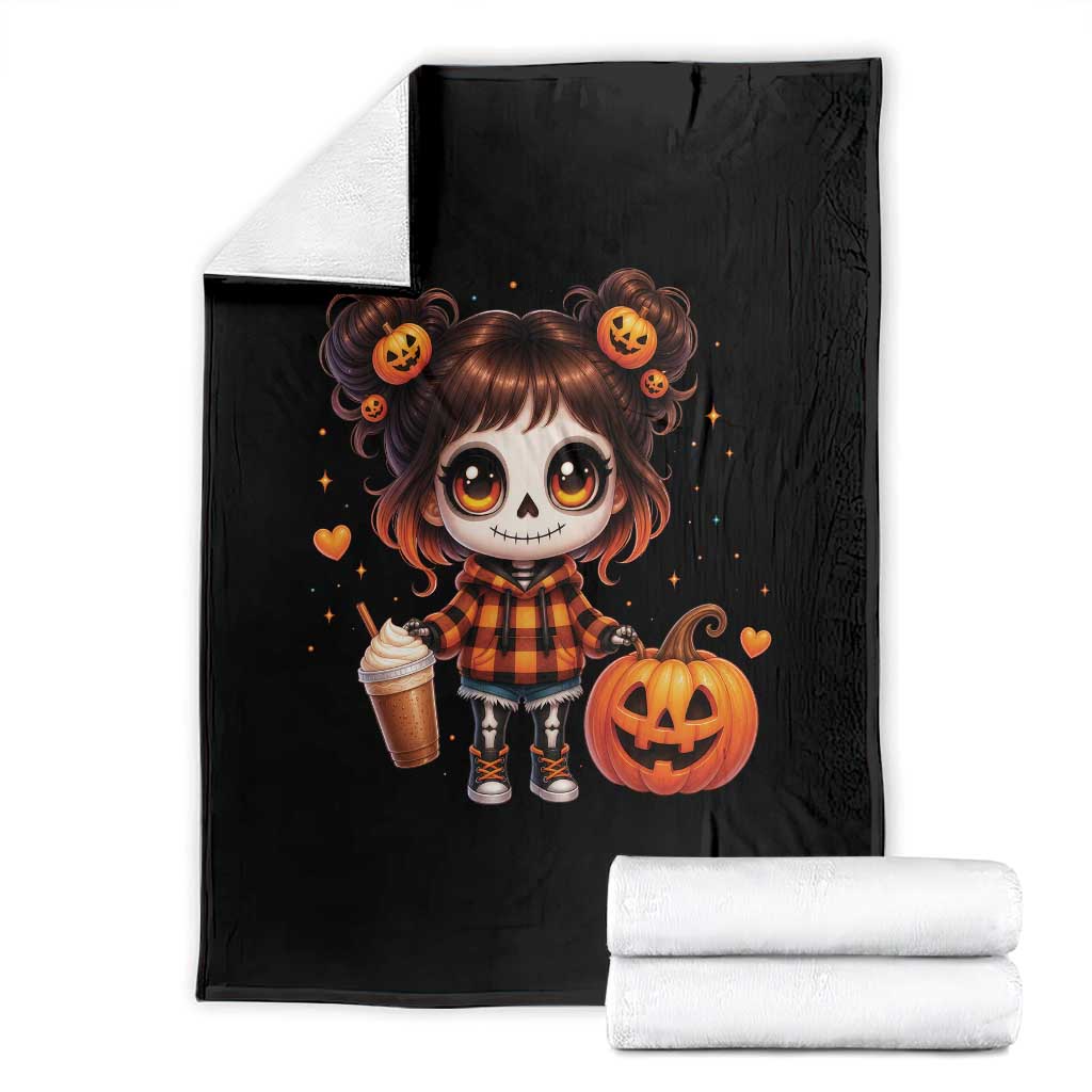 Halloween Autumn Spooky Fall Gift Throw Blanket Cute Chibi Skeleton Girl Pumpkin Spice Latte