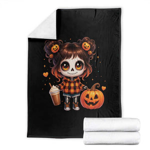 Halloween Autumn Spooky Fall Gift Throw Blanket Cute Chibi Skeleton Girl Pumpkin Spice Latte
