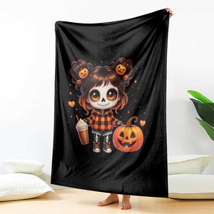 Halloween Autumn Spooky Fall Gift Throw Blanket Cute Chibi Skeleton Girl Pumpkin Spice Latte