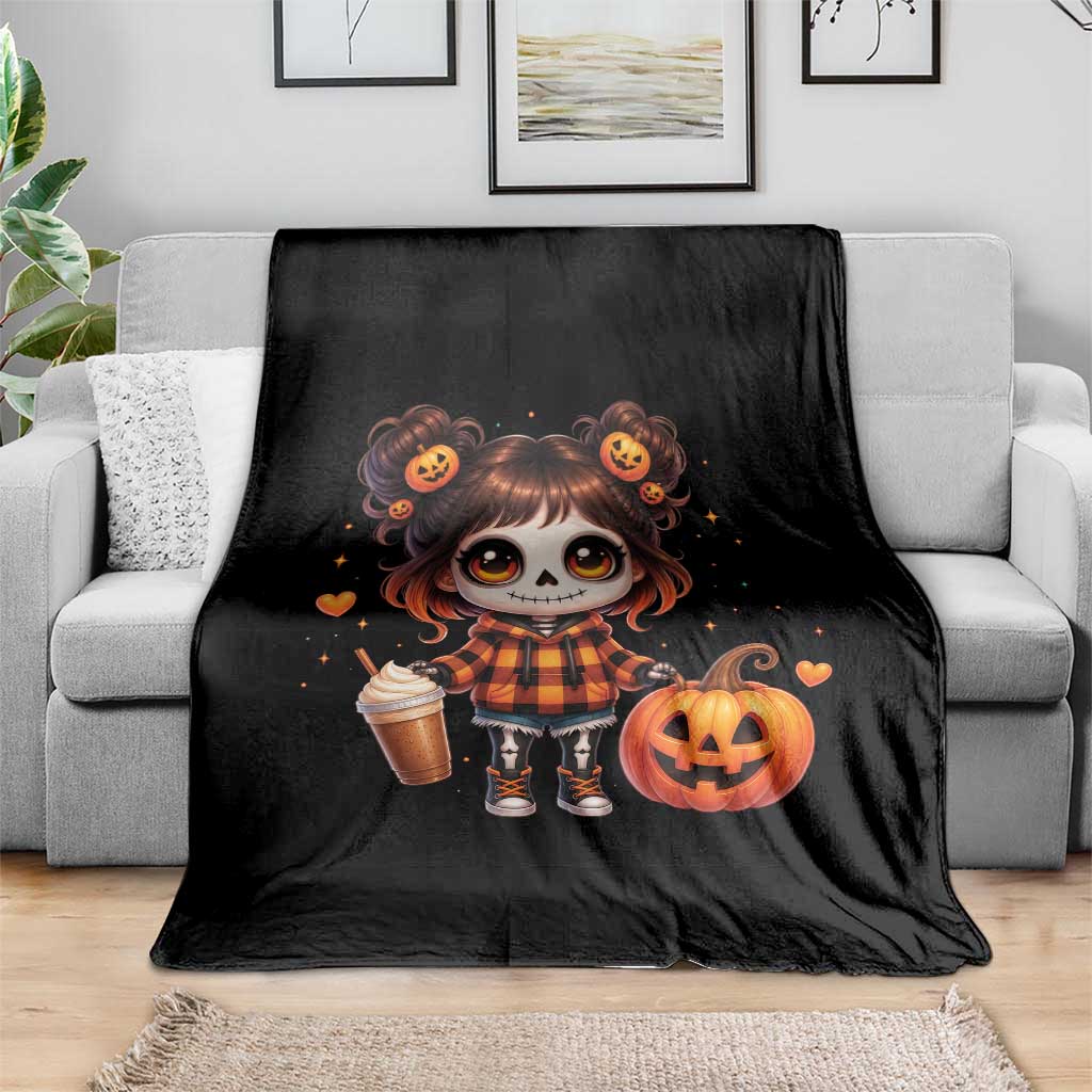 Halloween Autumn Spooky Fall Gift Throw Blanket Cute Chibi Skeleton Girl Pumpkin Spice Latte